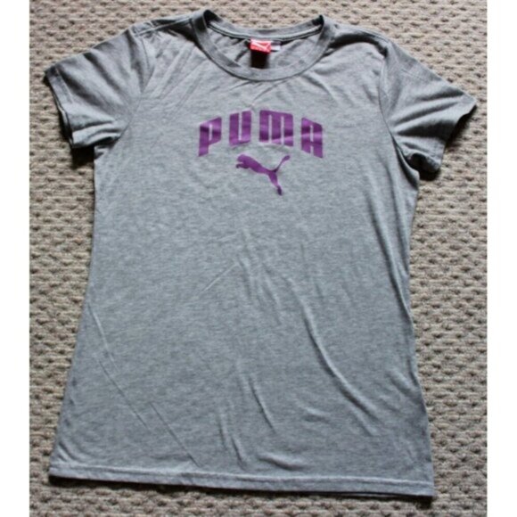 Womens Puma Crew Neck Purple Graphic Logo Tee Shirt Top Medium Heathered Gray - Picture 1 of 5